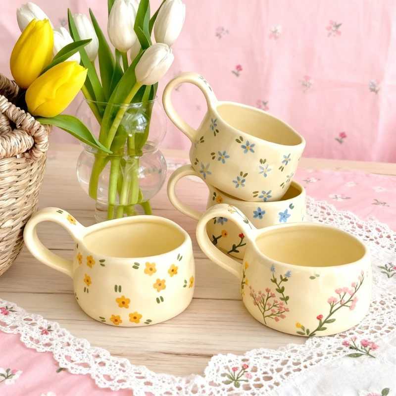 Cream yellow Ceramic Mug Korean Style Cute Flower Pattern Coffee Cup Hand Pinched Irregular Mug Breakfast Milk Tea Cups Watercup H260323