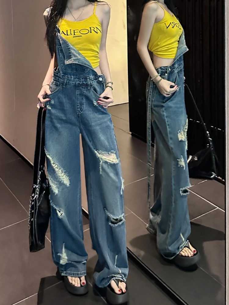American style retro ripped denim overalls womens summer new design sense loose cargo one-piece wide leg floor pants M260323