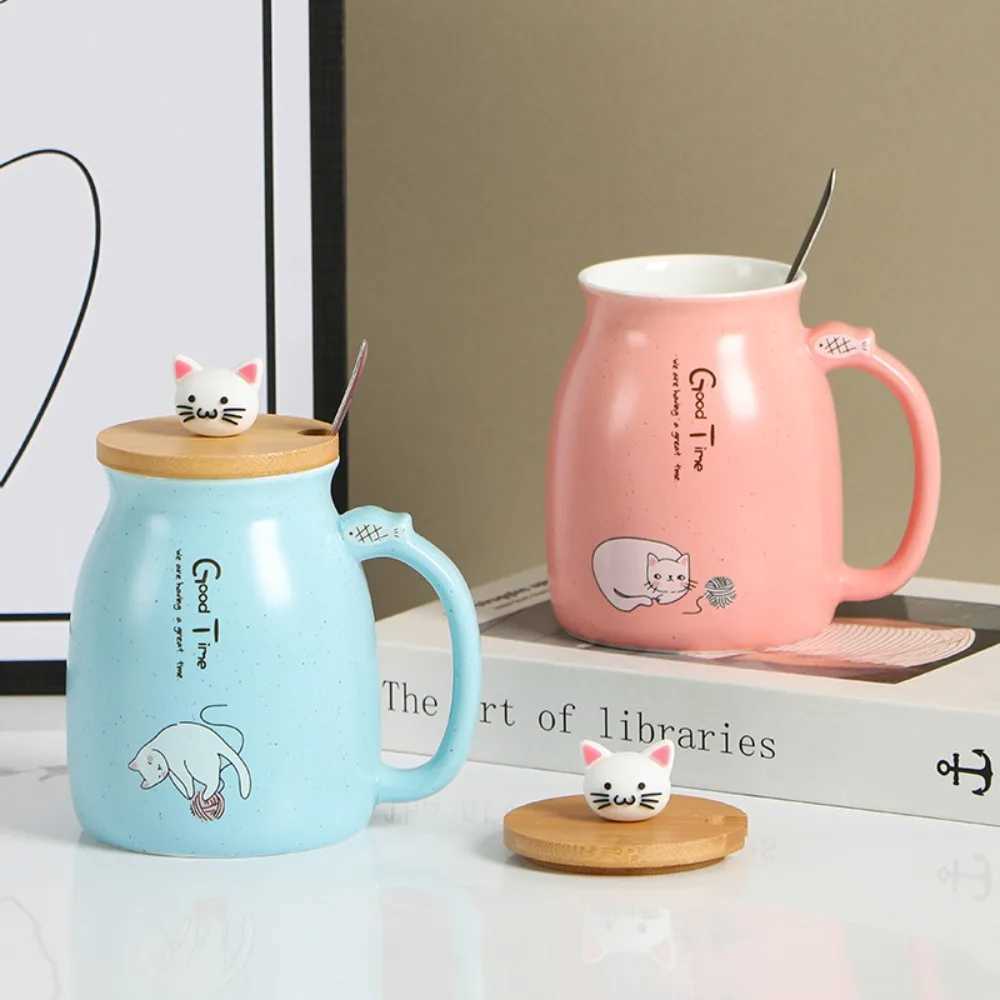 Cute Japanese Style Cartoon Cat Mug Ceramic 450ml Tea Cup with Spoon with Wooden Lid Coffee Mug Kids D260323
