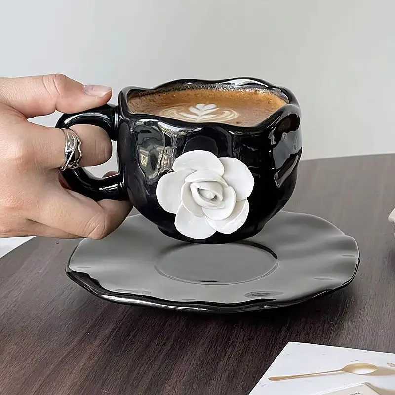 New Creative French Style Camellia Coffee Cup Handcrafted Exquisite Afternoon Tea Black Ceramic Mug Korean 3d White Rose Cup H260323