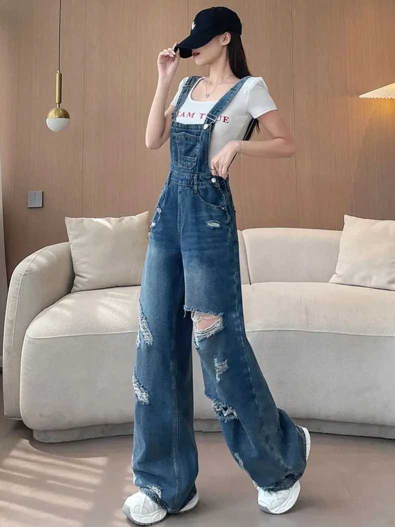 Blue Denim Jumpsuits For Women Spring Summer Suspender Strap Hole Ripped Wide Leg Overall Loose Casual Jeans Street Wear M260323