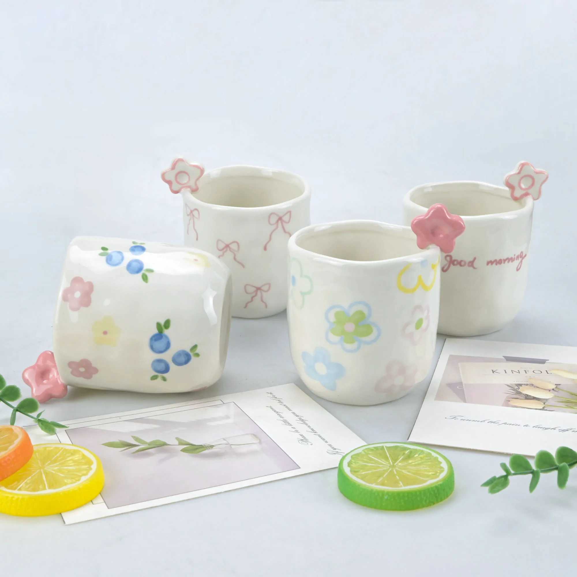 1pcs Cute flower cup hand-painted bow watercolor flower hand squeezed irregular ceramic coffee cup H260323