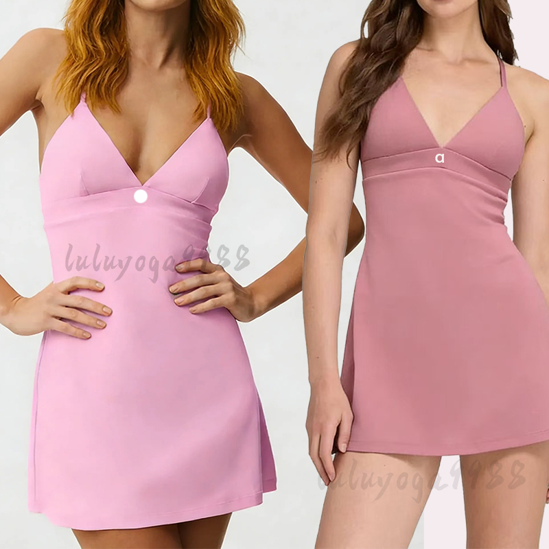 Female Yoga Dress V Neck Sleeveless Chest Pad Sports Dress Naked Feeling Pocket Anti Exposure Breathable Fitness Tennis dress Summer Badminton Golf Fitness Skirt