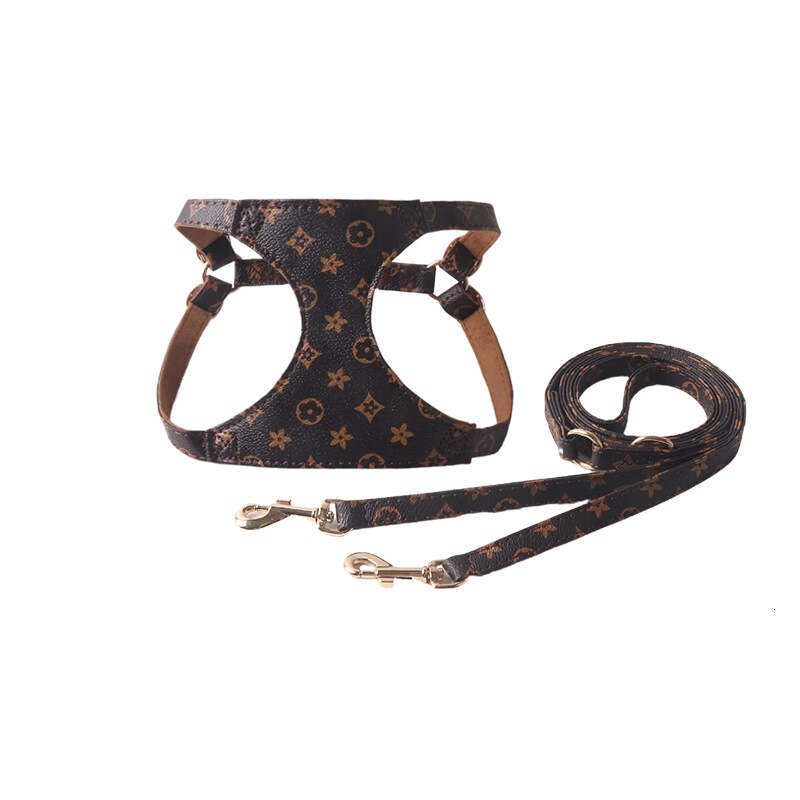 Dog Cat Harness Supplies Large PAI Old Flower PU Pet Harness Set Inner Side Suede Pet Supplies Dog Cat Collar
