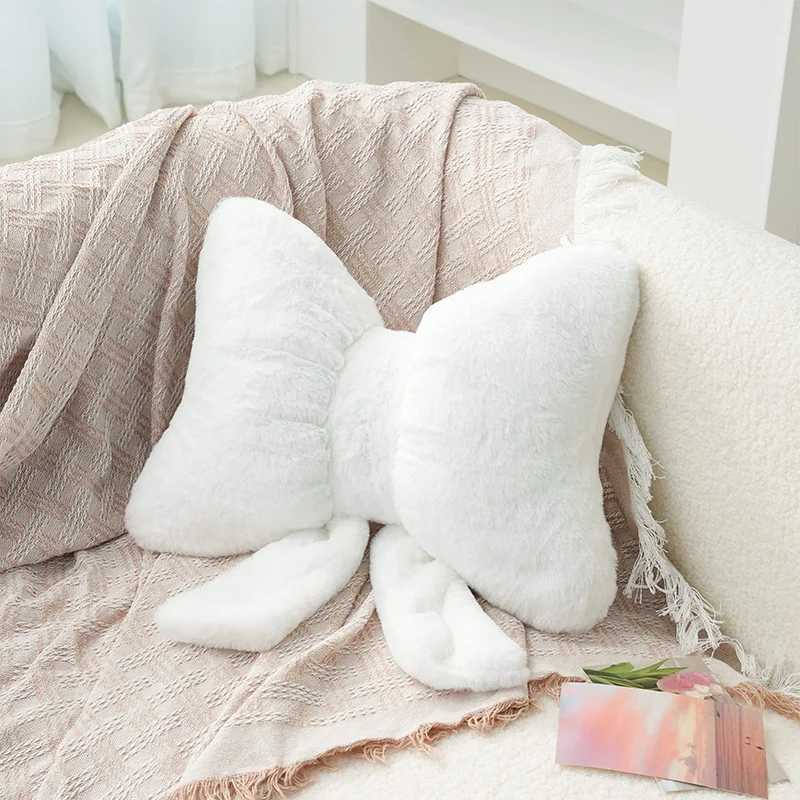 Pink bow ribbon couch pillow imitation rabbit fur comfortable car seat cushion ins style simple all-match back cushion H260323