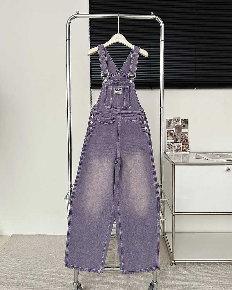 American Style Women Strap Overalls Retro Straight Loose Gradient Wide Leg Denim Jumpsuit Pants Female Suspender Jeans M260323