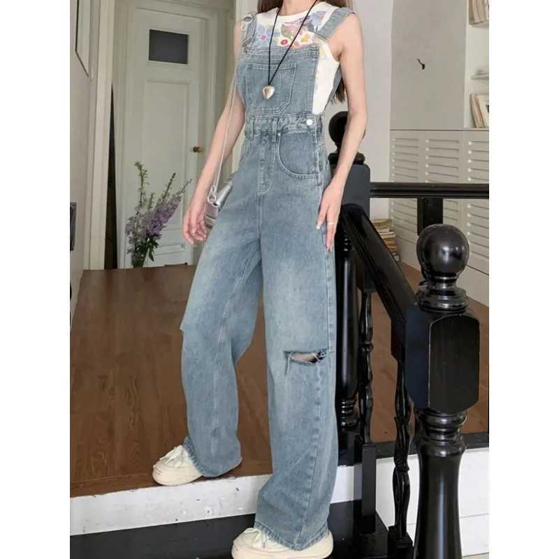 Retro Waed Hole Wide Leg Pants High Waist Loose Straight Jeans Women Summer Chic Denim Overalls Blue Long Trousers M260323