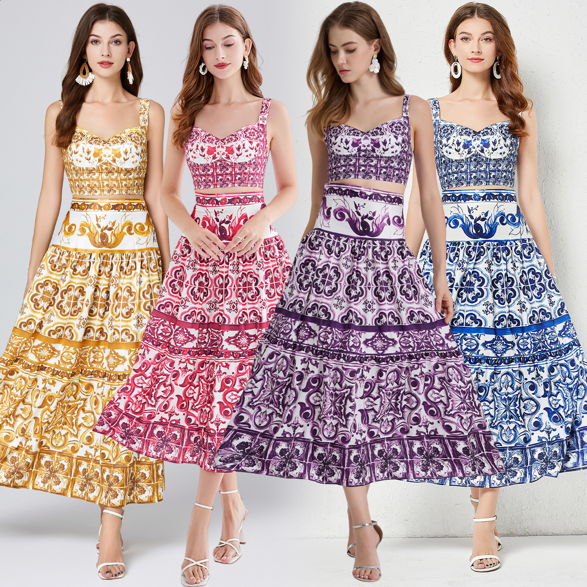 Summer Print Splice Color Block 3D Strapless Top with Bra Pad Mini Skirt Two-Piece Set Floral Patterned Half-length Skirts 250402