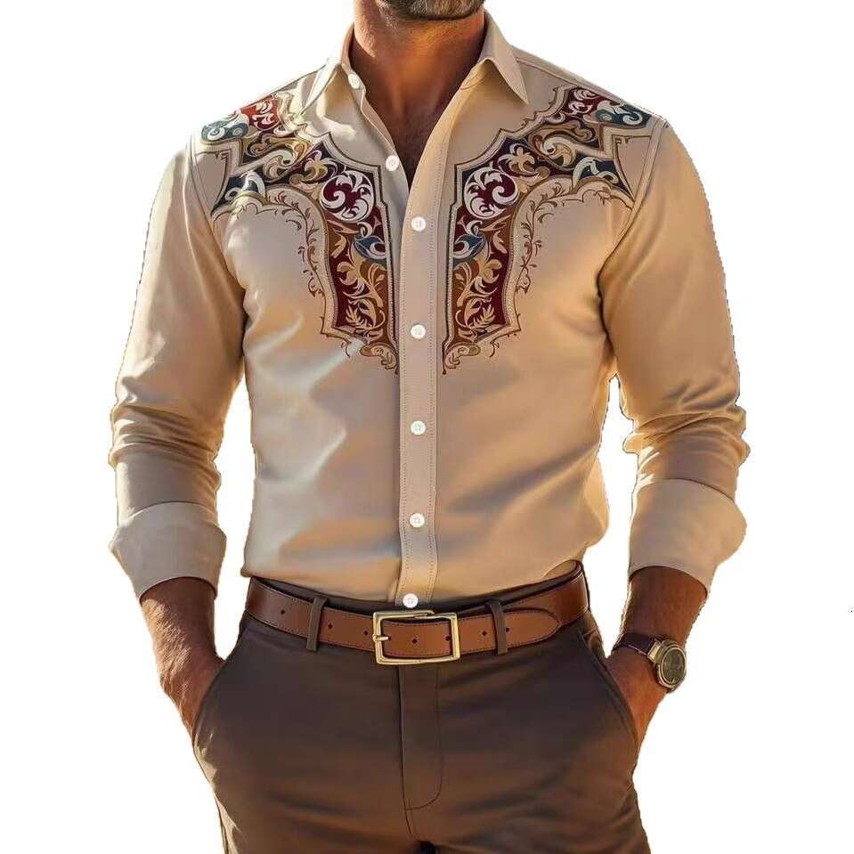 New Men's Fashion Shirt, American Western Style, Loose Fit, Printed Business Casual Long-Sleeve Shirt For Men