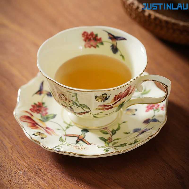 JUSTINLAU Palace Style Gold Flower Bird Coffee Cup and Plate Set Retro Ceramic High Aesthetic Home Afternoon Tea Cup Mugs D260323