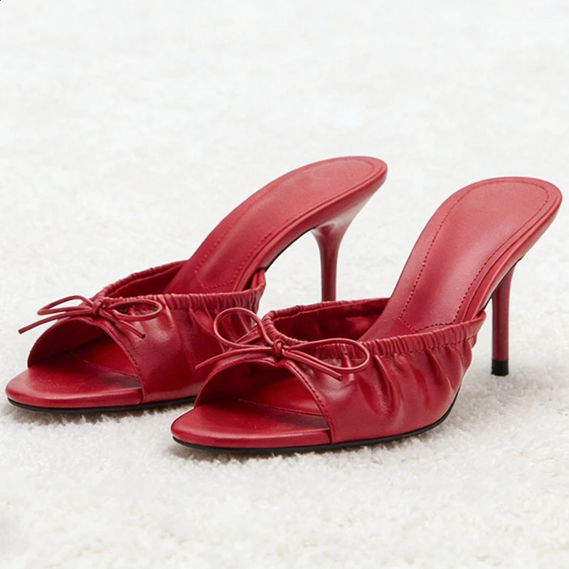Sweet Red Bow Decorate Heel Sandals Women Novelty Pleated n Stiletto Slide Sandals Summer Sexy Open-toe Evening Dress Shoes 260323