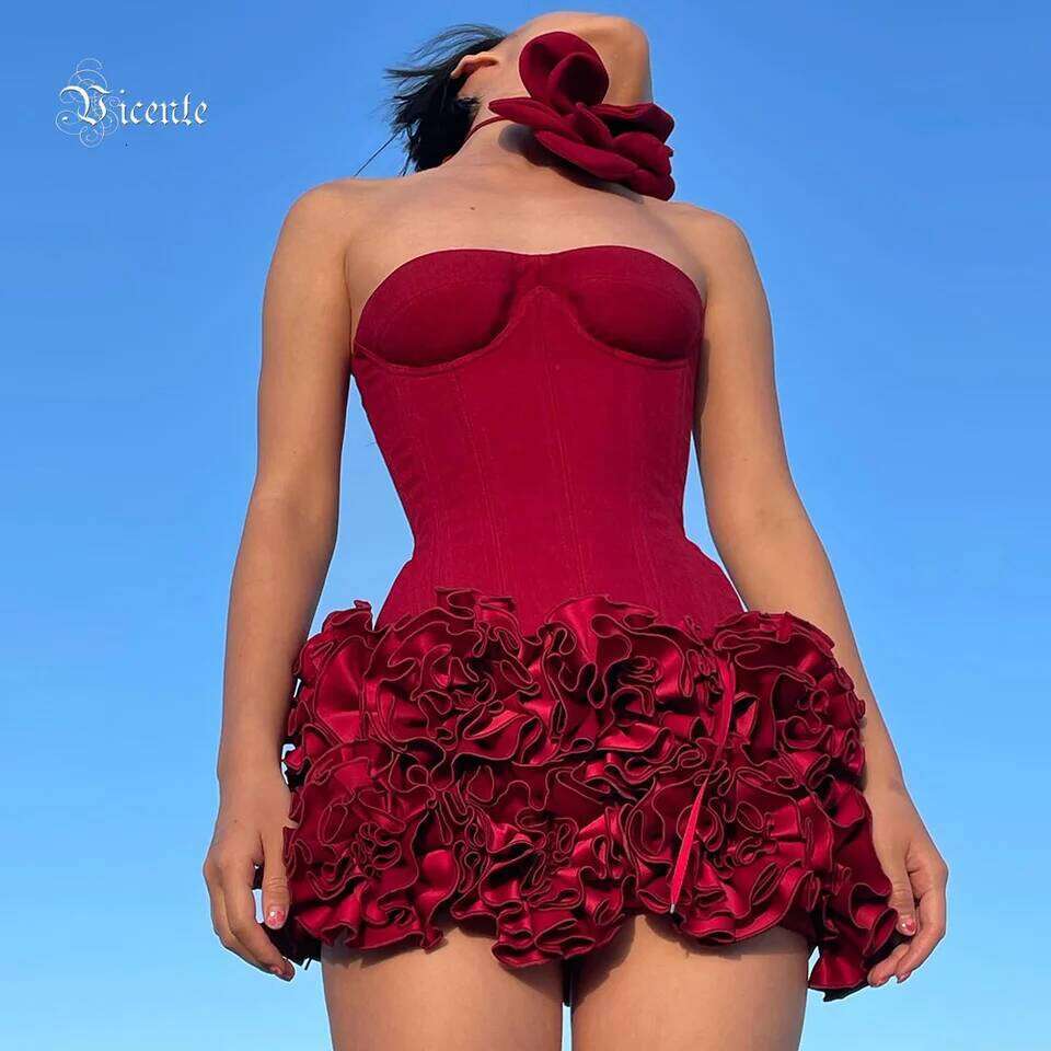 VC Christmas Strapless Backless Red Structured Floral Embellished Mini Length Bodycon Celebrity Party Cocktail Dress Gowns Elegant