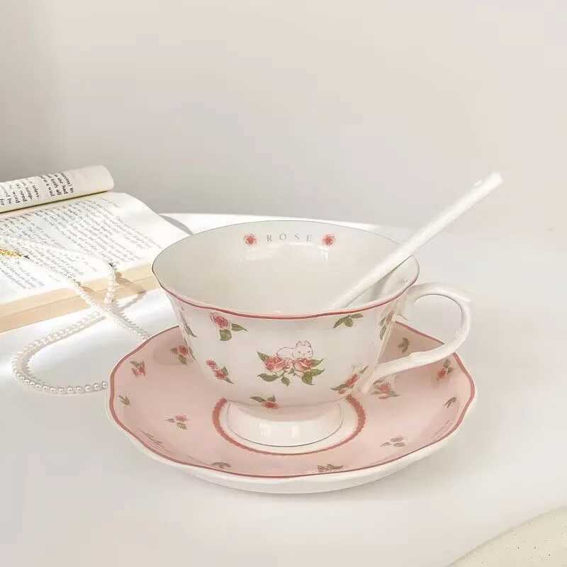 Cute coffee cups and saucers set high-value afternoon tea ins style girl pink ceramic mug hand-painted ins style D260323