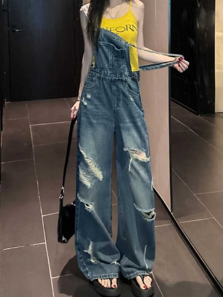 American style retro ripped denim overalls womens summer new design sense loose cargo one-piece wide leg floor pants M260323