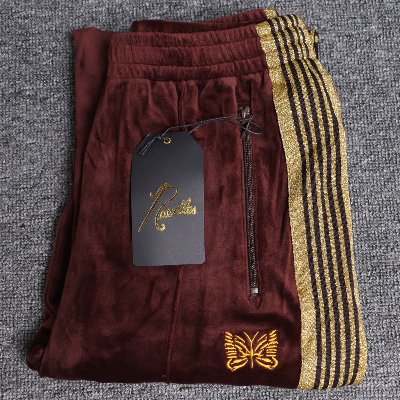 Needles Men's Pants High Quality Unisex Velvet Loose Straight Long Pants Oversized Navy Blue Wide Loose jorts Casual Embroidered AWGE baggy sweat