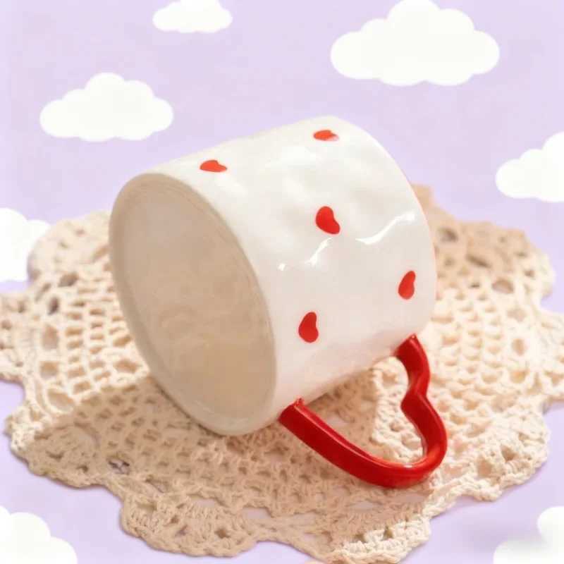 Ceramic Mug Creative Cute Hand-Painted Love Heart Coffee Cup Milk Oatmeal Breakfast Afternoon Tea Cup Valentines Day Present D260323