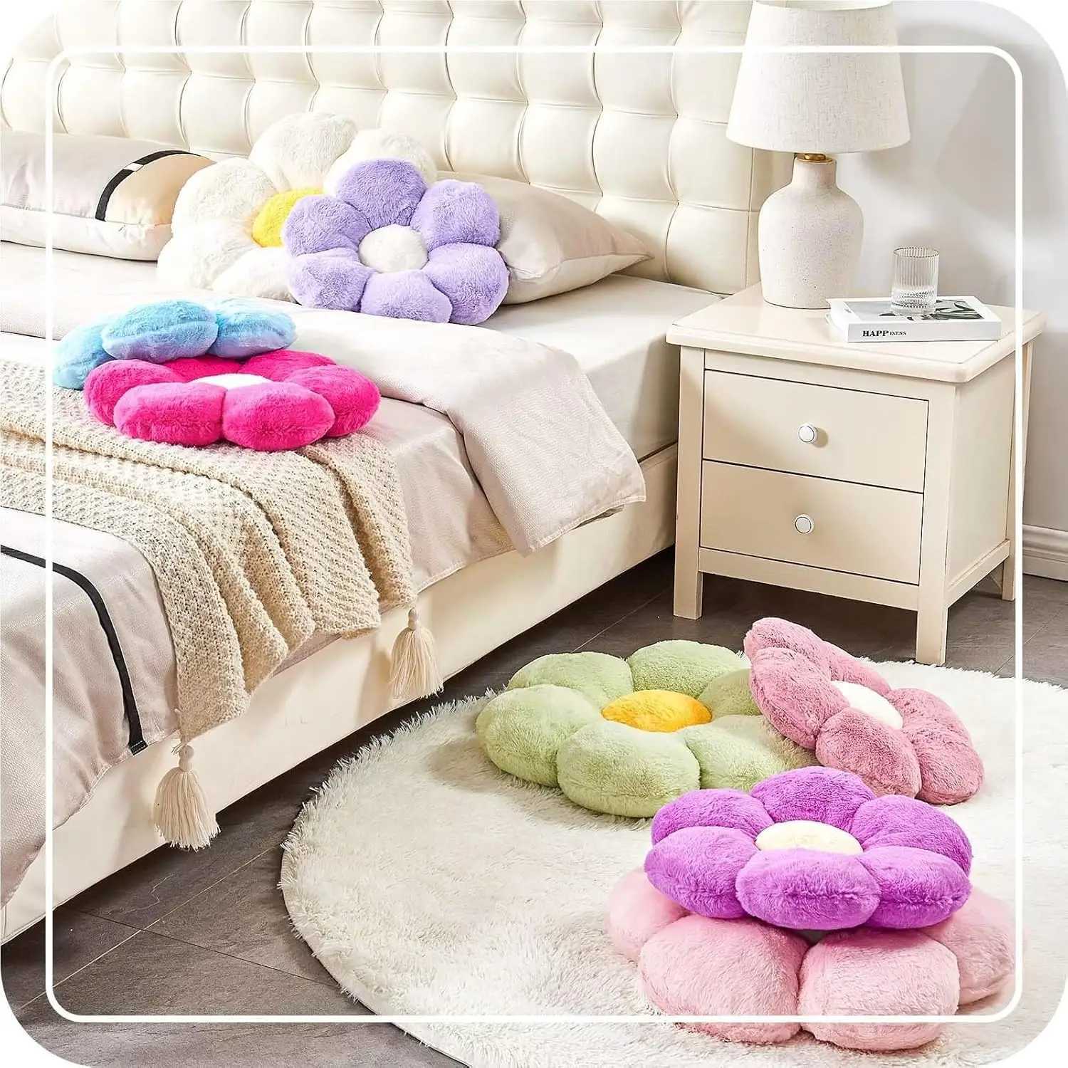 White Flower Plush Throw Pillow Cute Decorative with Faux Rabbit Fur 149 Soft for Bedroom Living Room H260323