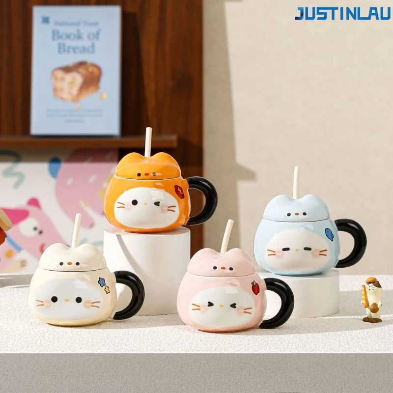 Set of Sesame-shaped Ceramic Cup Cat Grass Straw Cup with Lid and Straw Coffee Cup Breakfast Milk Cup Instagram-style Coffee Cup D260323