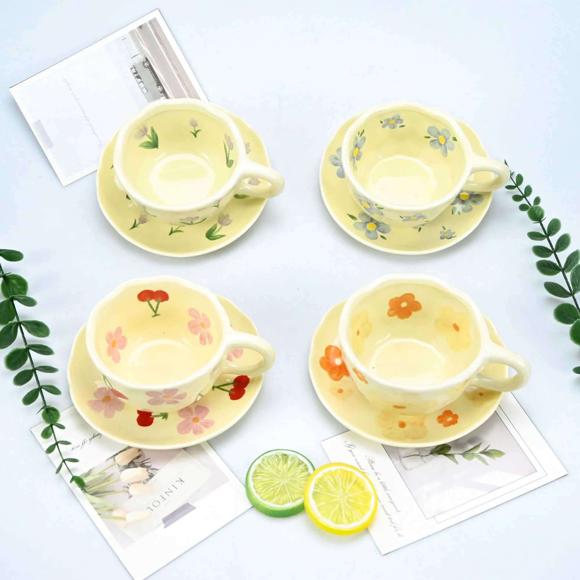 2PCS/Set High-end Coffee Cups And Saucers High-value Ceramic Mugs Business-style Latte Art Coffee Cups Hand-pinched Cups H260323