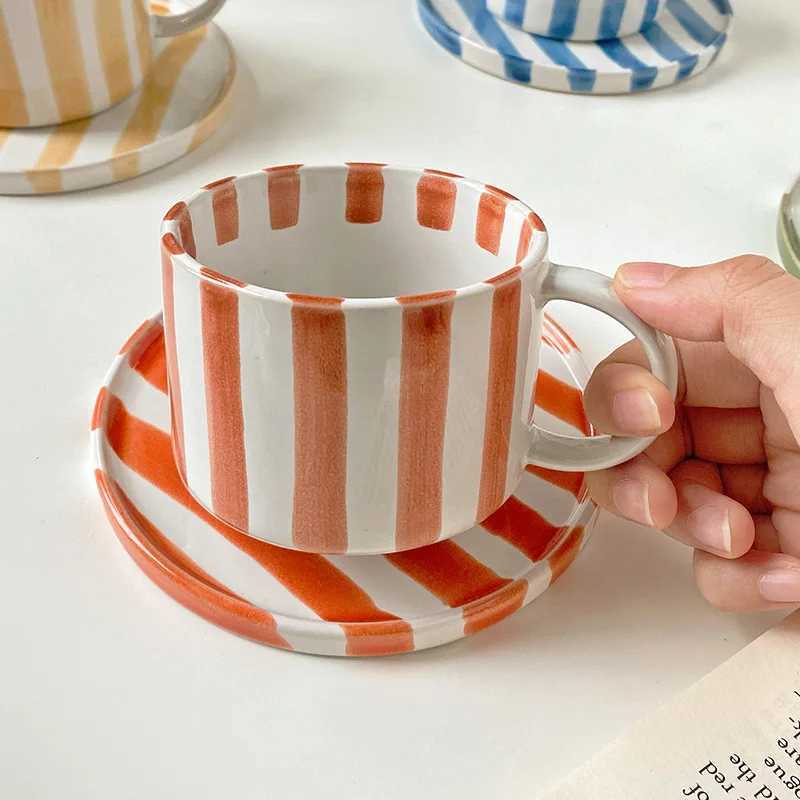 Creative Striped Ceramic Coffee Cup with Large Capacity Suitable Drinks Milk Breakfast Delicate Afternoon Tea Cup Dessert Coffee H260323