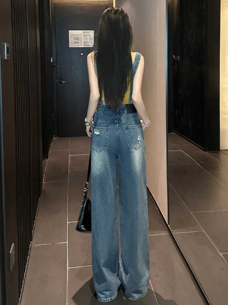 American style retro ripped denim overalls womens summer new design sense loose cargo one-piece wide leg floor pants M260323