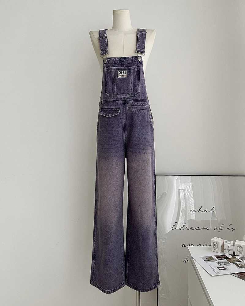 American Style Women Strap Overalls Retro Straight Loose Gradient Wide Leg Denim Jumpsuit Pants Female Suspender Jeans M260323