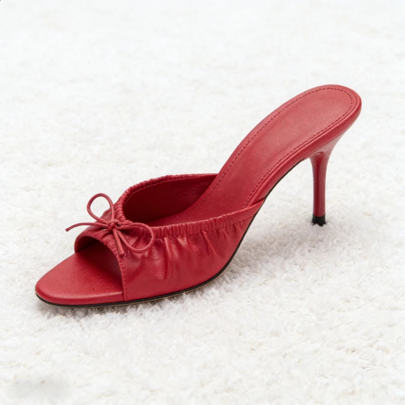 Sweet Red Bow Decorate Heel Sandals Women Novelty Pleated n Stiletto Slide Sandals Summer Sexy Open-toe Evening Dress Shoes 260323