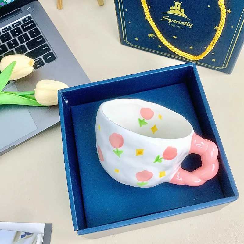 250ml Hand-made Irregular Ceramic Mug Hand-painted Flower Pattern Coffee Cup Childrens Breakfast Milk Cup Kitchen Drinkware H260323