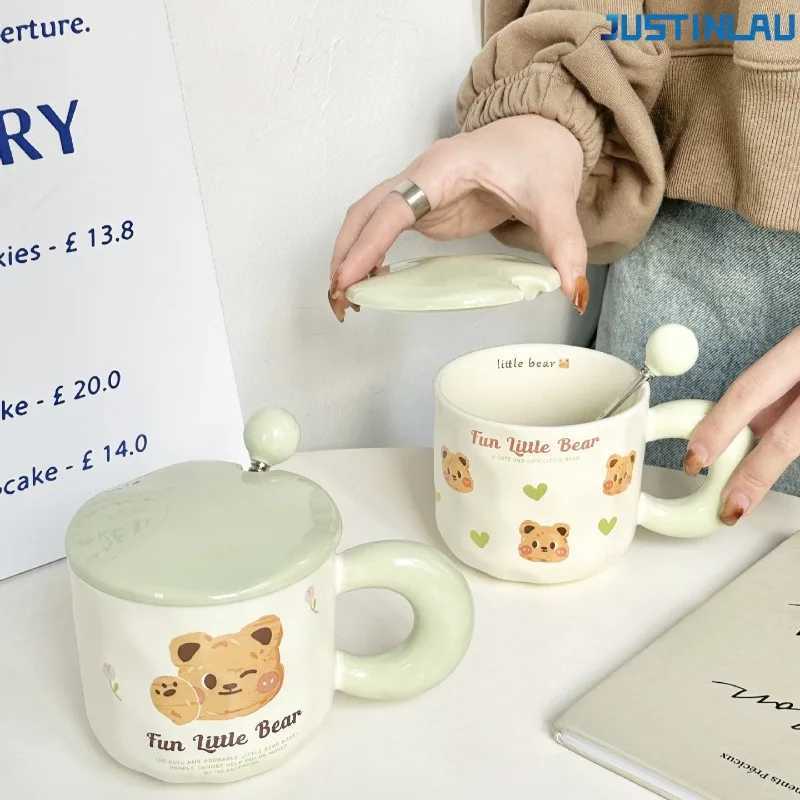 JUSTINLAU Cartoon Butter Teddy Bear Cup Couple Ceramic Cup Suitable for Girls High-value Mug with Lid Spoon Office Water Cup D260323