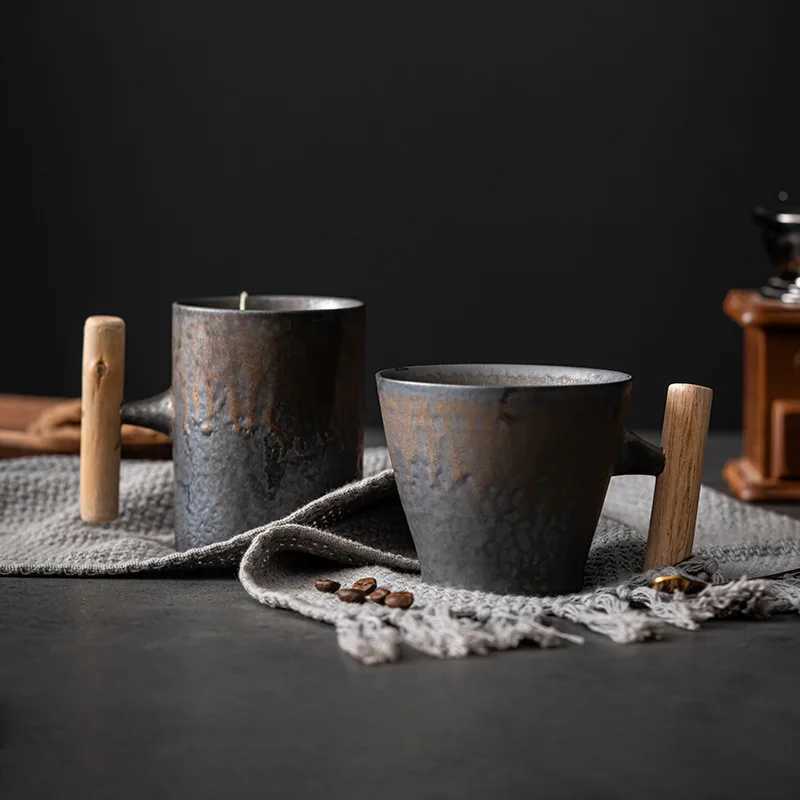Japanese Style Coffee Cup Set Nordic Coarse Pottery Wood Handle Cup Creative Retro Water Cup Gray Gilded Retro Large Capacity D260323