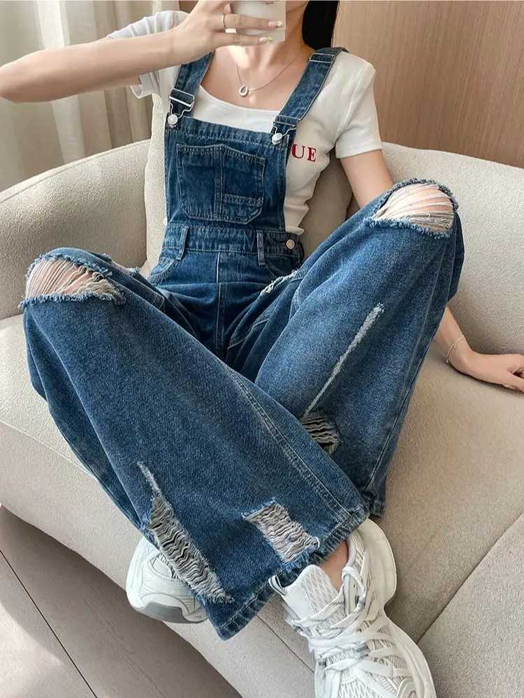 Blue Denim Jumpsuits For Women Spring Summer Suspender Strap Hole Ripped Wide Leg Overall Loose Casual Jeans Street Wear M260323