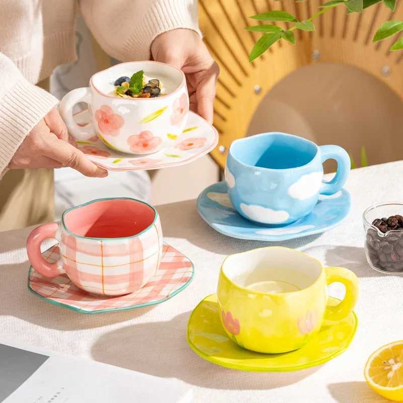 300ML Cute Hand Pinched Irregular Ceramic mug Flower Heart Pattern Coffee Cup Breakfast Milk tea cups Gift For Kids Girls H260323