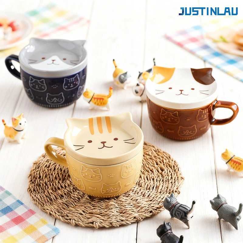 Cute Cartoon Cat Ceramic Mug Lid Creative Household Tableware Breakfast Milk Cup Breakfast Mug Water Cup Ceramic Mug coffee cup H260323