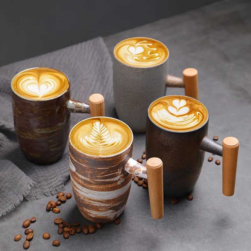 1PC Creative wooden handle coarse pottery coffee cup Japanese retro ceramic mug vintage tea cup D260323