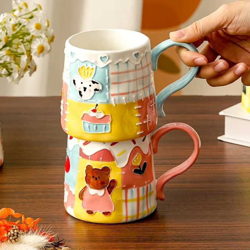 Ins Style Underglaze Color Embossed Pattern Ceramic Mug Home Desktop High-looking Girl Drinking Cup Childrens Gift Drinkware H260323