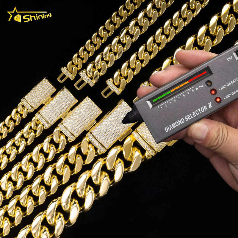 Hip Hop Jewelry Moissanite Clasp 8mm 10mm 12mm 14mm 18mm Sterling Silver 14K 18K Gold Necklace Mens Gold Plated Miami Cuban Link Chain
