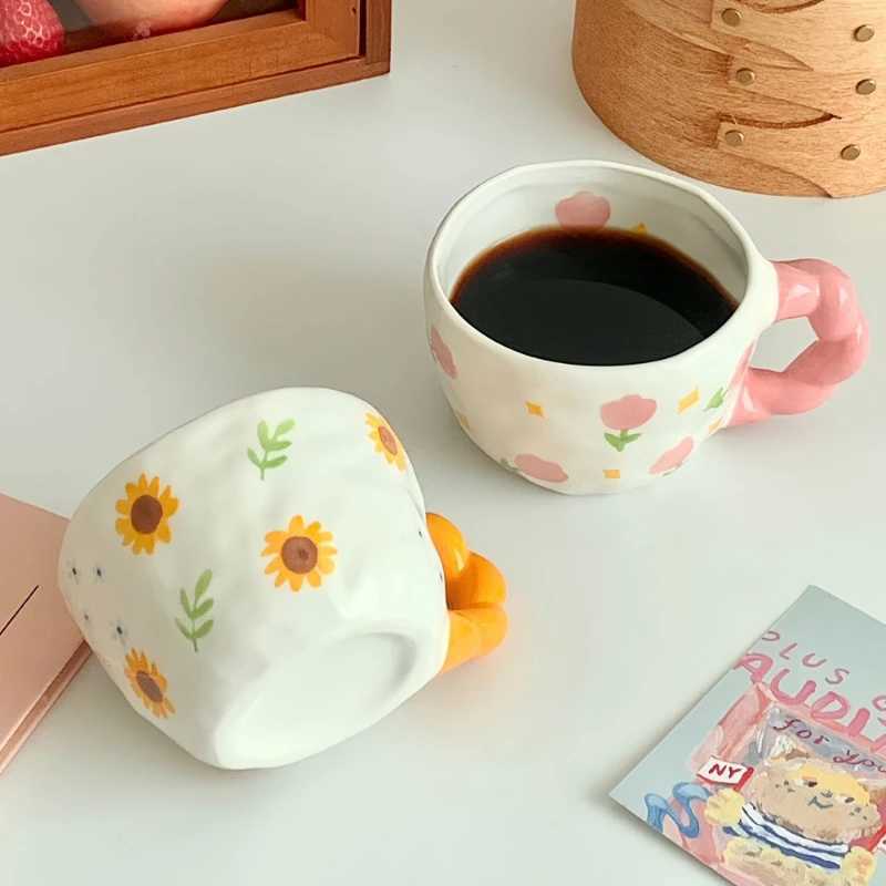 250ml Hand-made Irregular Ceramic Mug Hand-painted Flower Pattern Coffee Cup Childrens Breakfast Milk Cup Kitchen Drinkware H260323