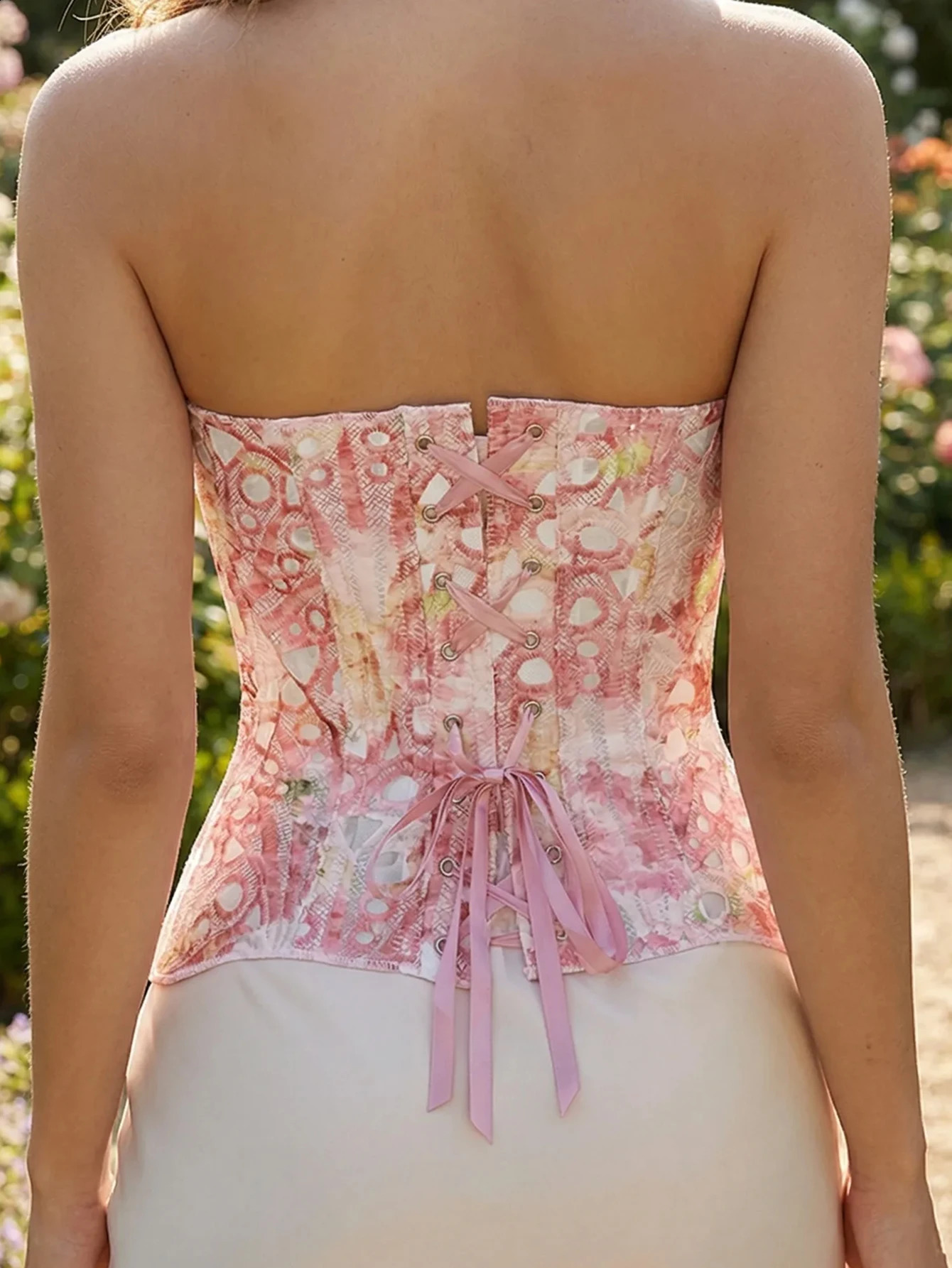 Womens floral print strapless shapewear breathable mesh crop top with back tie boning corset tight-fitting bodysuit 260321 - view 3