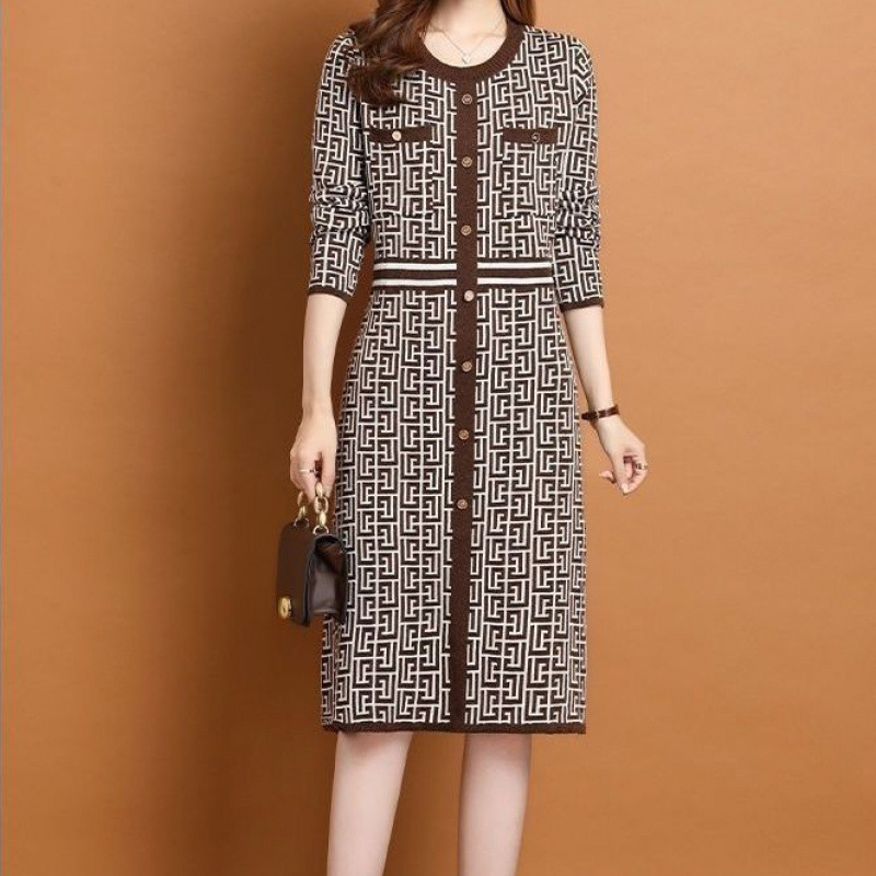Luxury Brand Designer Clothes Dropshipping 2025 Spring New Fashion Long Sleeve Round Neck Knit Dress For Women, Elegant And Sophisticated Mid-Length D