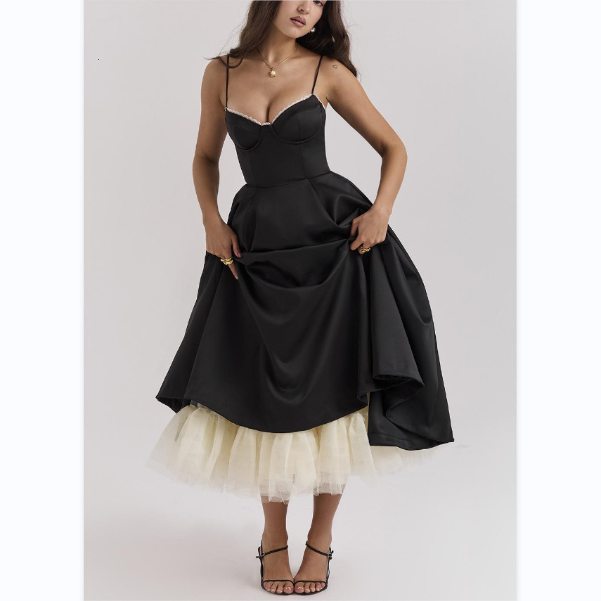 European And American Sexy Women's Fashion Designer Dress New V-neck Sleeveless Dress Puff Long Dress