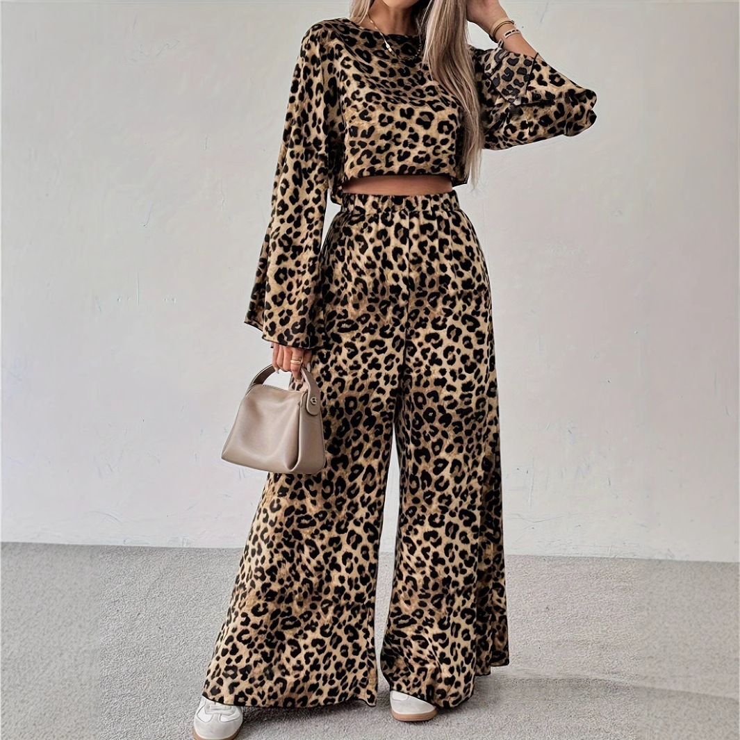 Missoo Autumn Leopard Feather Set Round Neck Long Sleeve Top High Waist Straight Pants Elegant Pants Set 241203