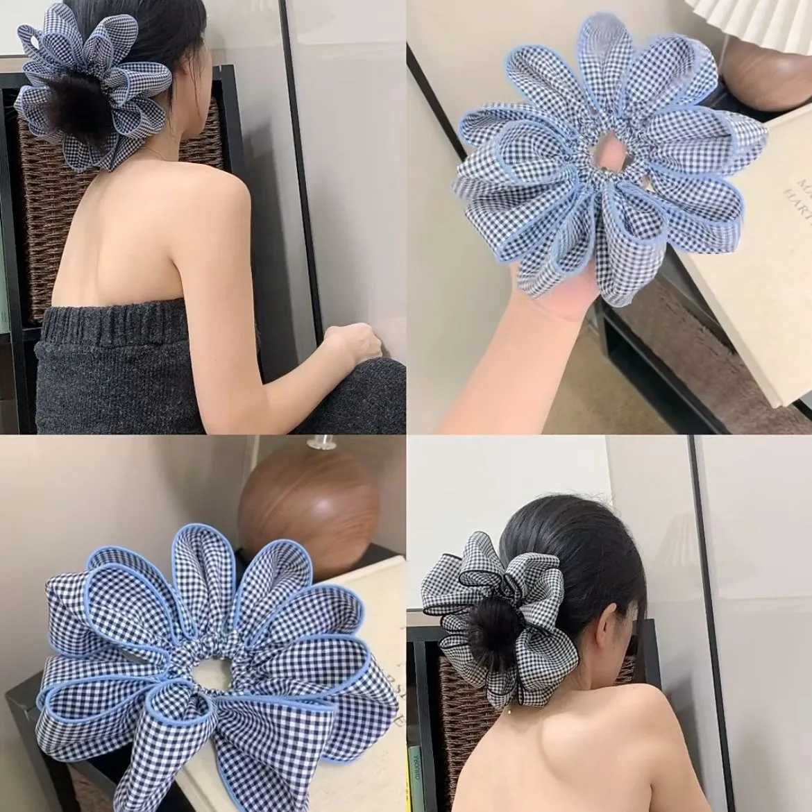 1 Pcs Ladies Hair Scrunchies Korean Versatile Blue Plaid Flower Elastic Hair Bands Simple Versatile Hair Accessories For Girl H260324