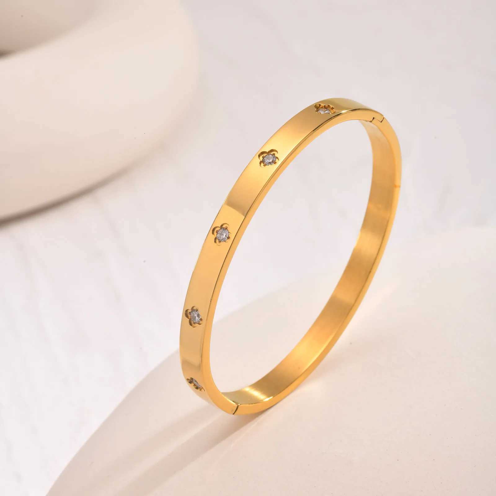 Stainless Steel Bangle 18K Gold Plated Friendship Cubic Zirconia Inlay Layered Jewelry H260323 - view 5