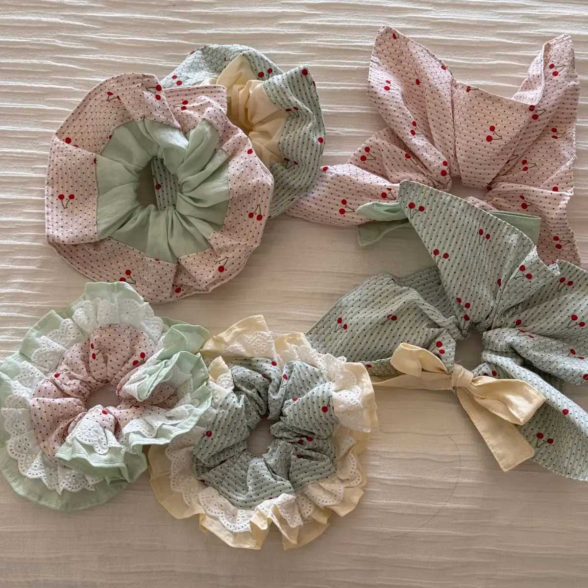 Spring Lace Hair Scrunchies Sweet Cherry Print Hair Ties For Women Forest Style Polka Dot Cotton Head Bands Ponytail Accessories H260324