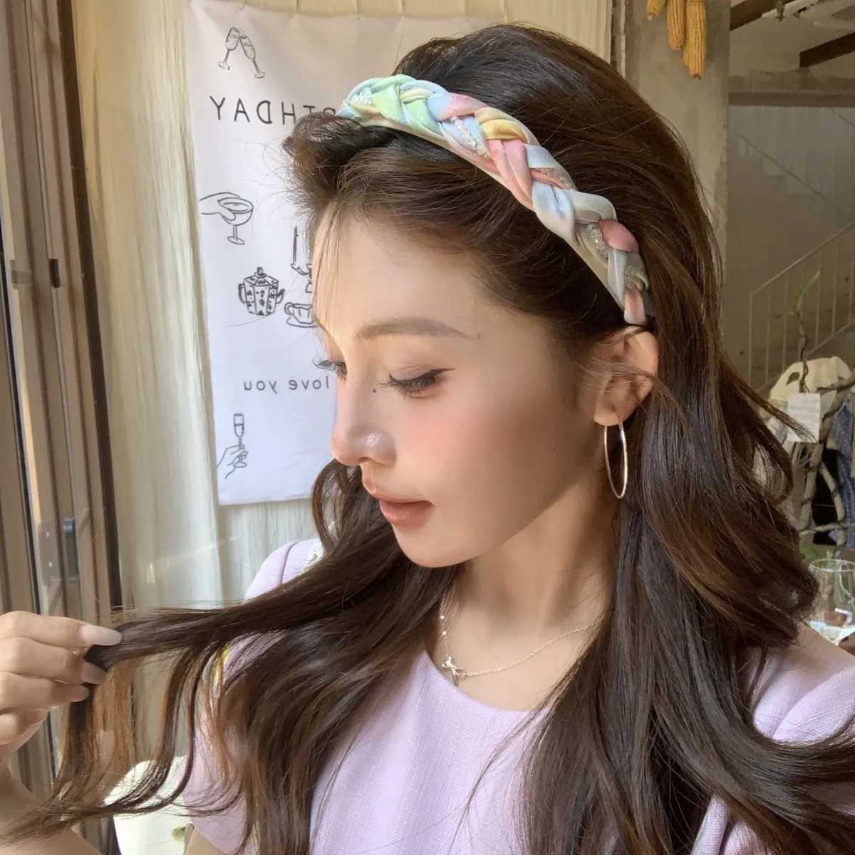 Girls Scrunchies Korean Version Rainbow Pearl Large Hair Band Sweet Style Hair Tie Pleated Twisted Hair Band Bow Cute Hair Clip H260324