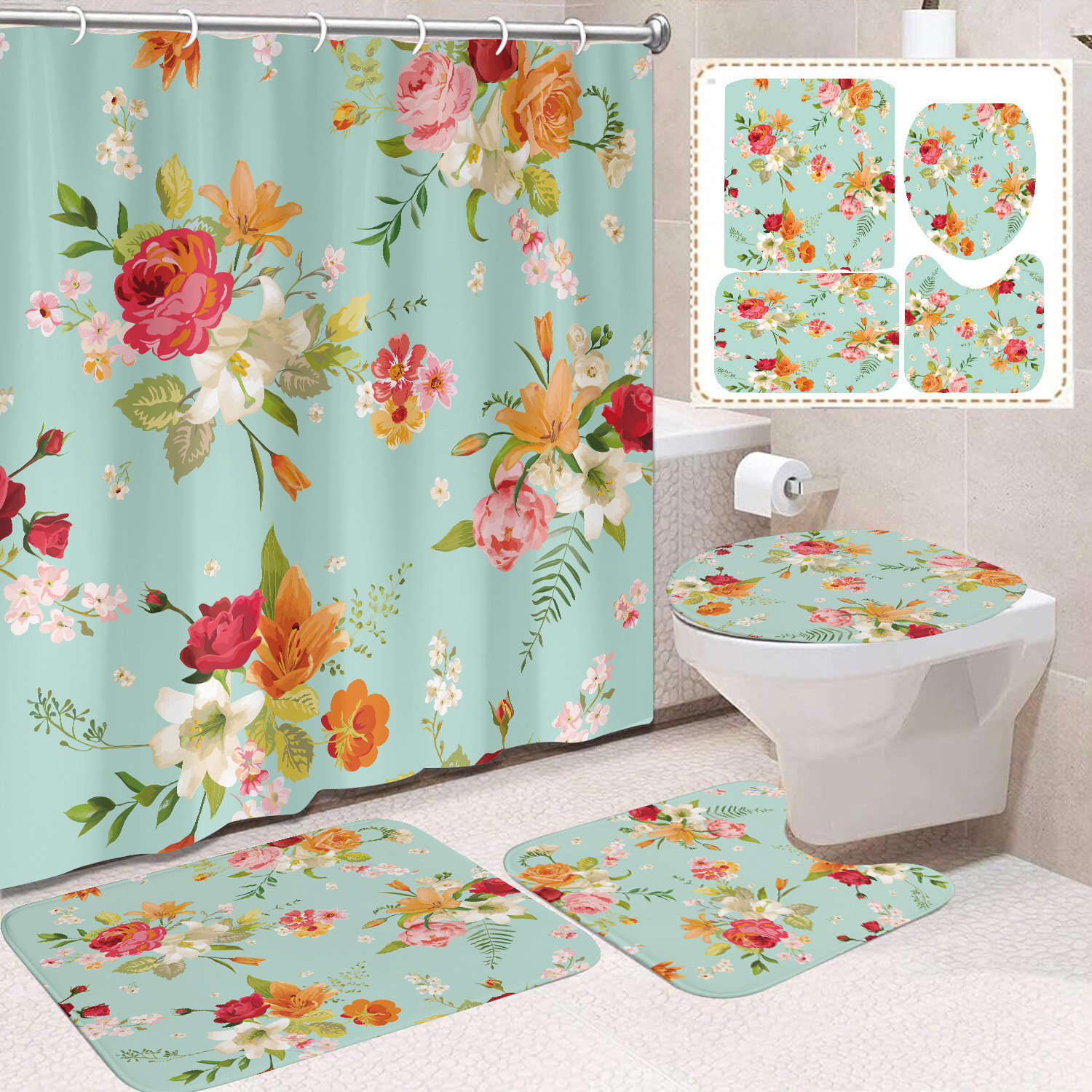 YL-38384 Floral Shower Curtain and Mat Set (4 Pieces) - Bathroom Dry and Wet Separation, Toilet Isolation Curtain, Modern Minimalist Style