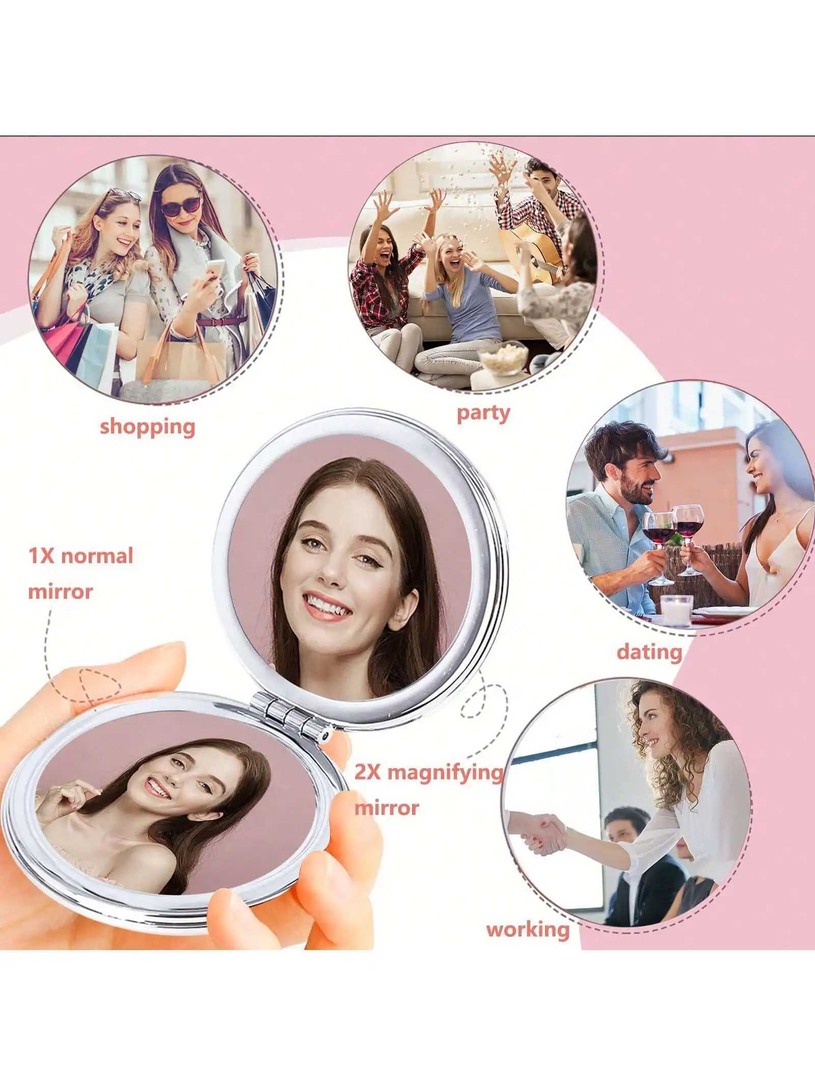 Large Round 72mm Pink Glitter PU Leather Makeup Mirror Folding Pocket Mirror Portable DIY Creative Metal Mini Hand Mirror for Wo H260324