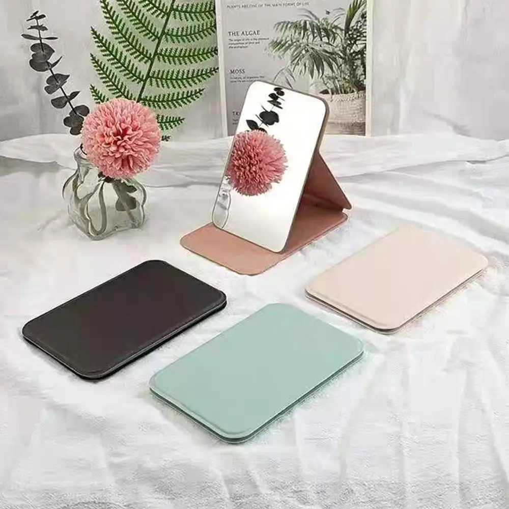 Mini Pocket Size PU Makeup Mirror High-Resolution Folding Mirror Fold Desktop Lighted Supplies Portable Solid Color Items H260324