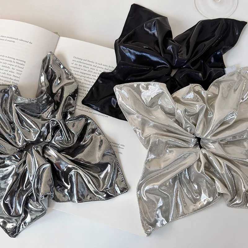 21cm Oversize Metallic Black Silver Hair Scrunchies Faux Leather Square Elastic Hair Bands Women Girls Accessories Hair Ties H260324