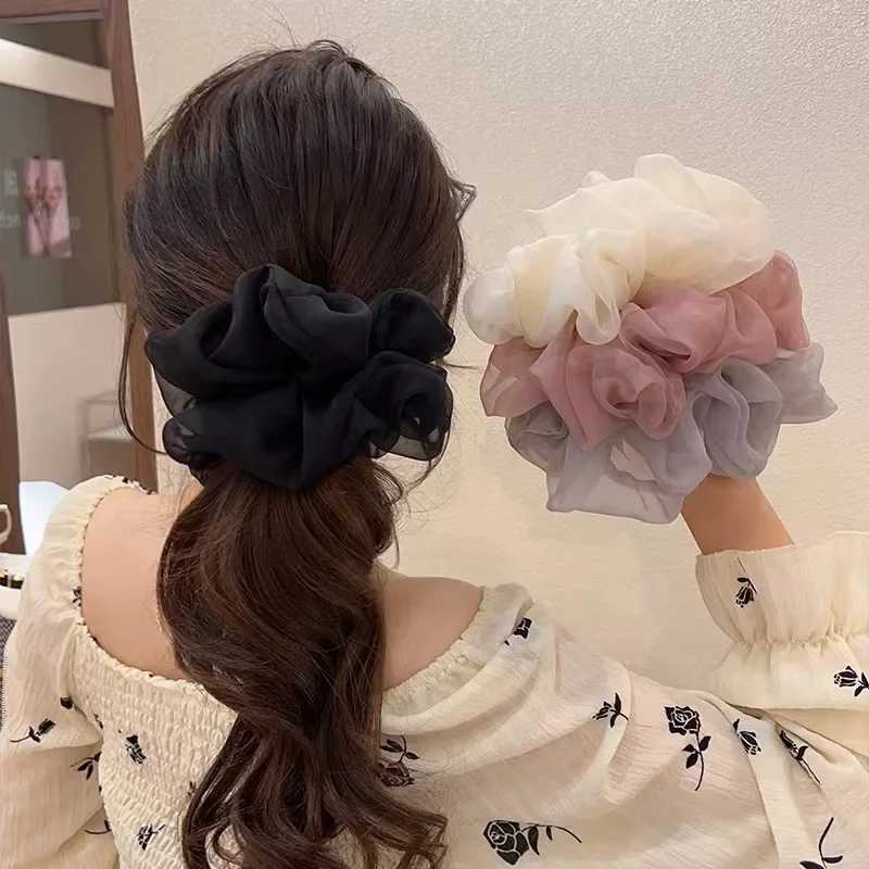 Fashion Organza Big Scrunchies for Women Summer Solid Color Ponytail Holder Elastic Hair Bands Headwear Choucou Cheveux Femme H260324